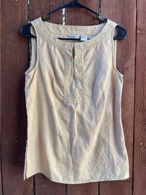malcolm & co 100% Linen Beige Spilt Neck Embroidered Euro Summer Tank Top Sz S